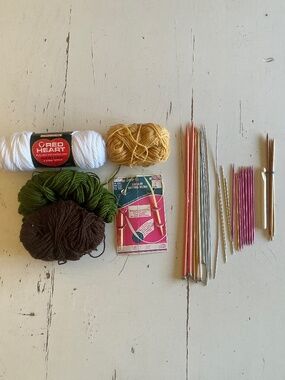 Bundle of Knitting Crocheting needles and yarn